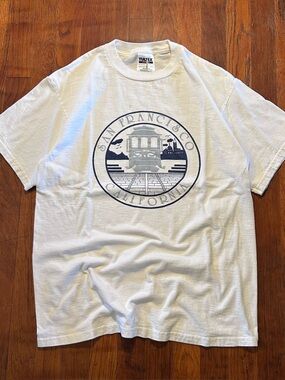 Vintage San Francisco Trolley Car Destination Puffy Print White T-shirt M